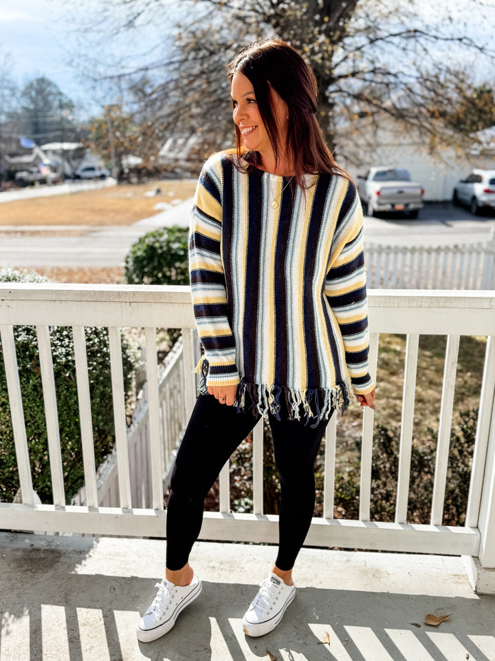 Sadie Multi Color Stripe Top With Fringe