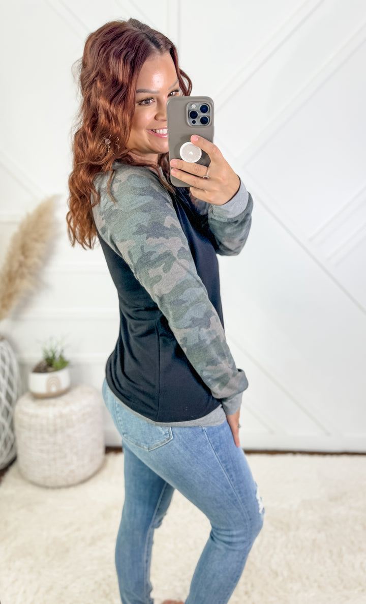 Olivia Camo Raglan Top