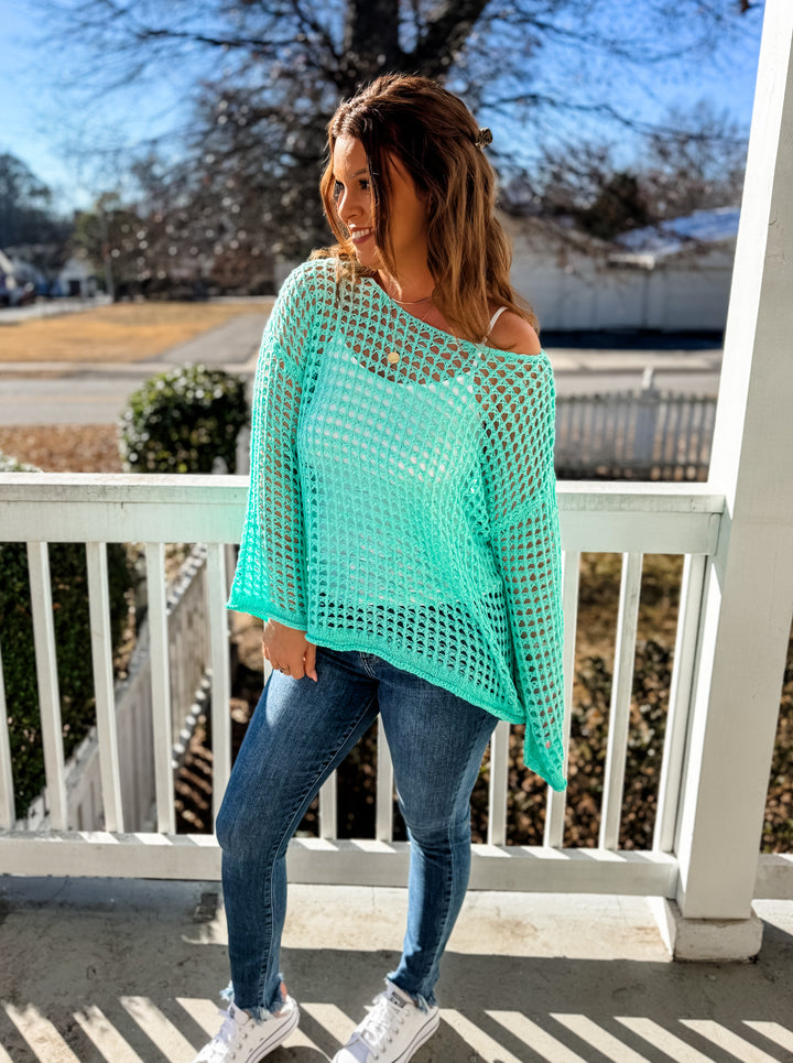 Raine Crochet Mesh Knit Boat Neck Top