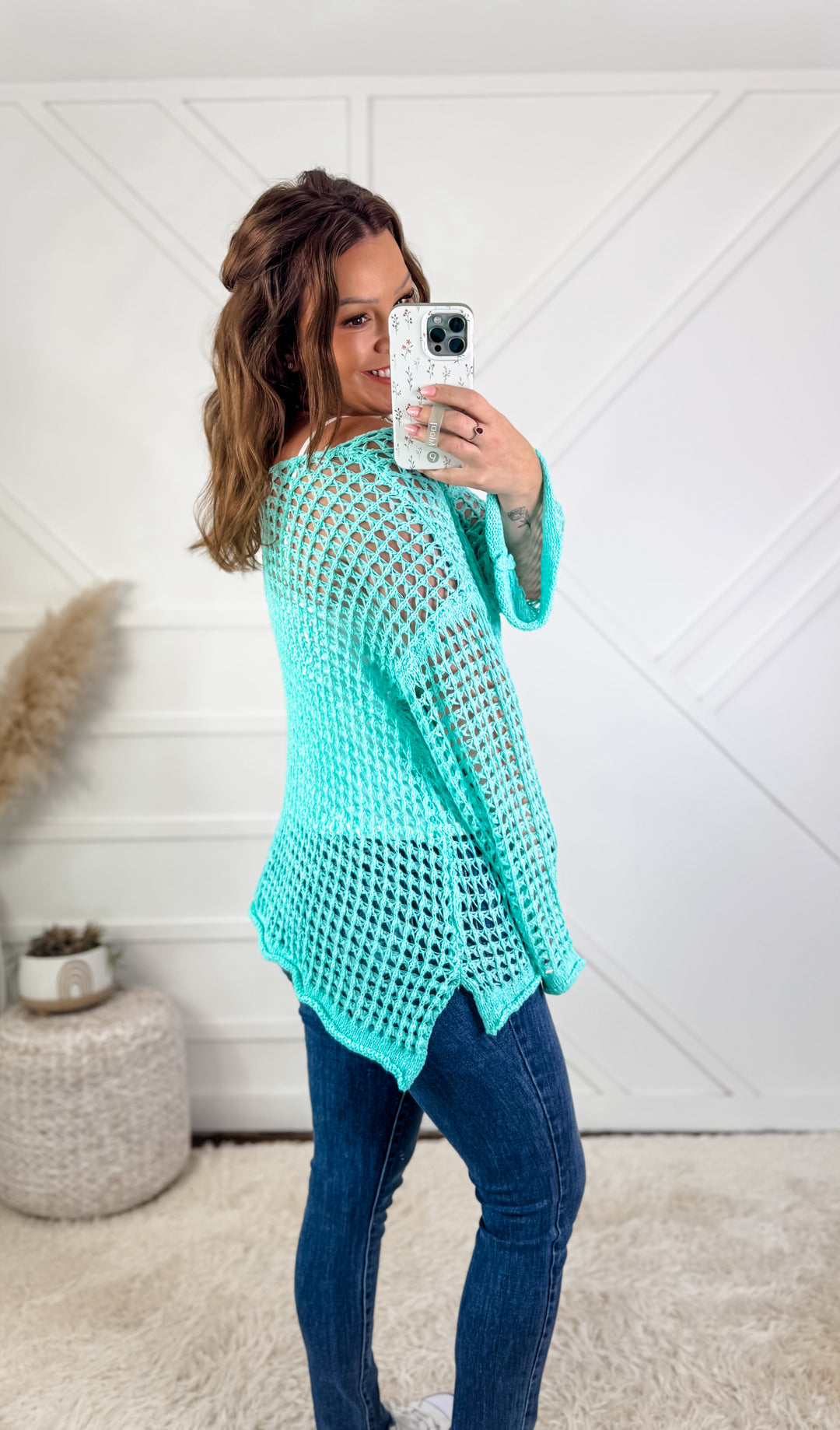 Raine Crochet Mesh Knit Boat Neck Top