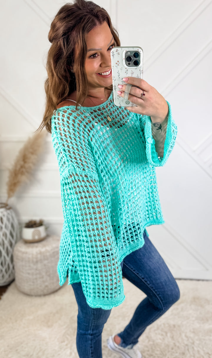 Raine Crochet Mesh Knit Boat Neck Top