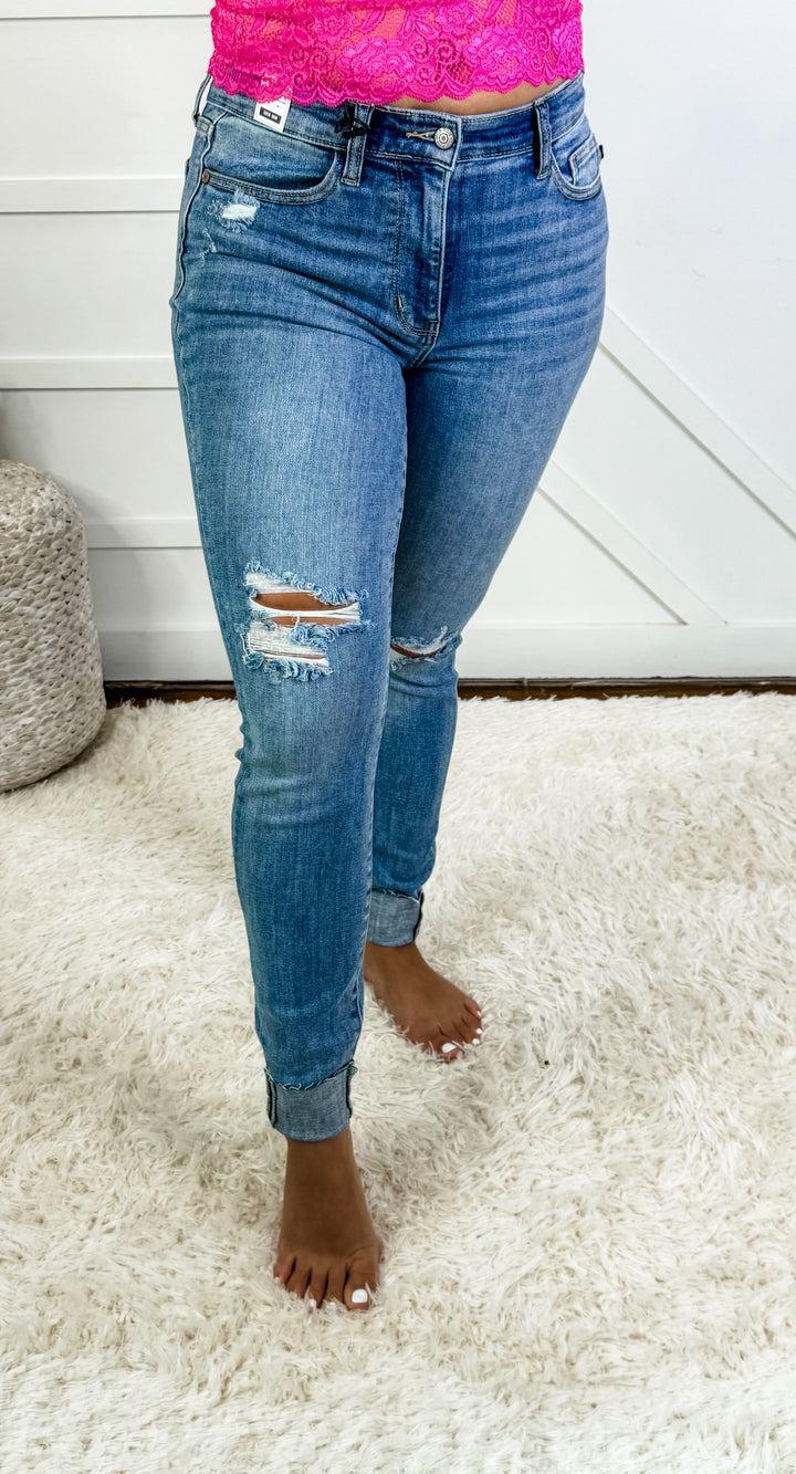 Judy Blue Mid Rise Destroy and Cuff Skinny Jean