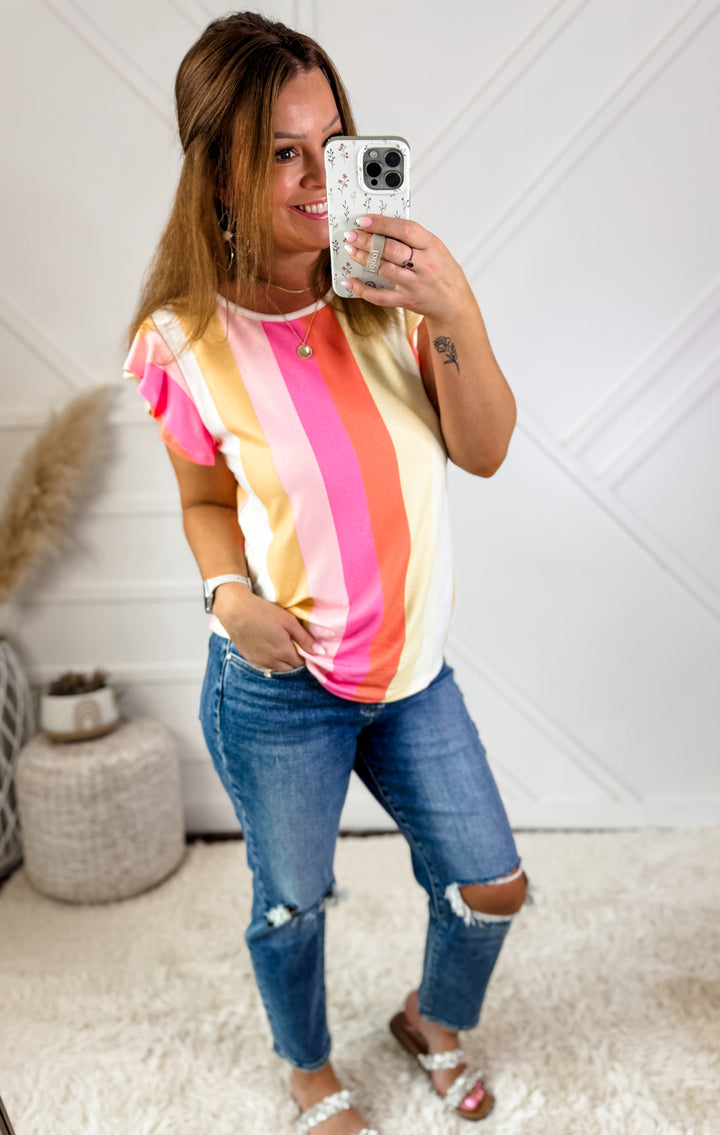 Mandy Allover Stripes Ruffle Sleeve Tee