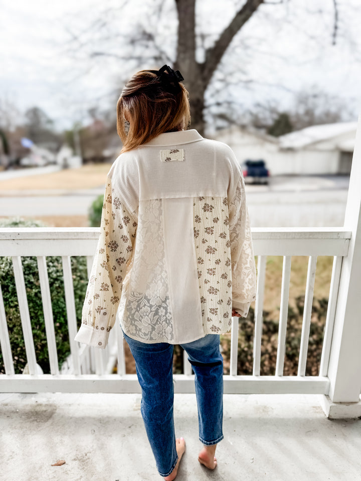 POL Floral Lace Button Down Shirt