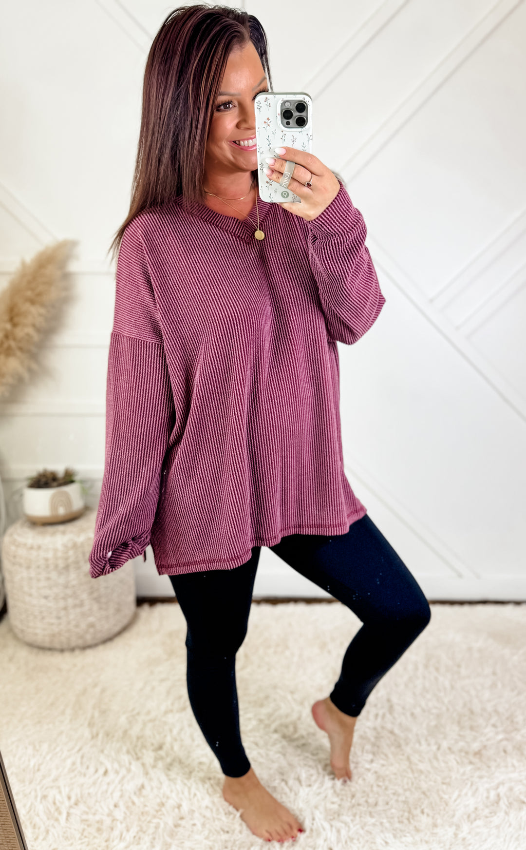 Lainey Oversized V Neck Ribbed Tunic Top