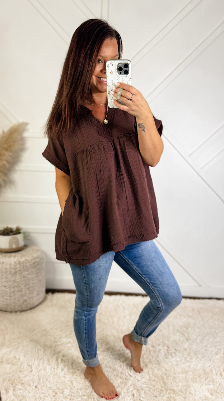 Mahogany V Neck Shirt With Pockets