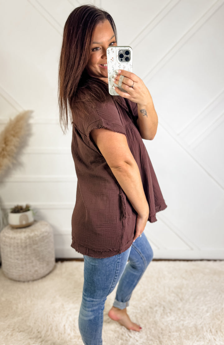 Mahogany V Neck Shirt With Pockets