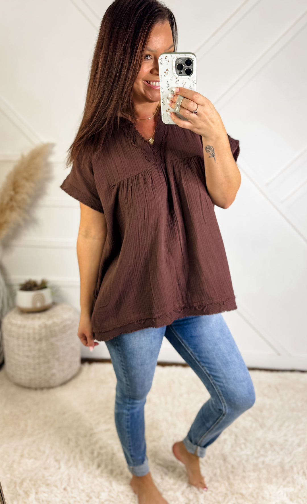 Mahogany V Neck Shirt With Pockets